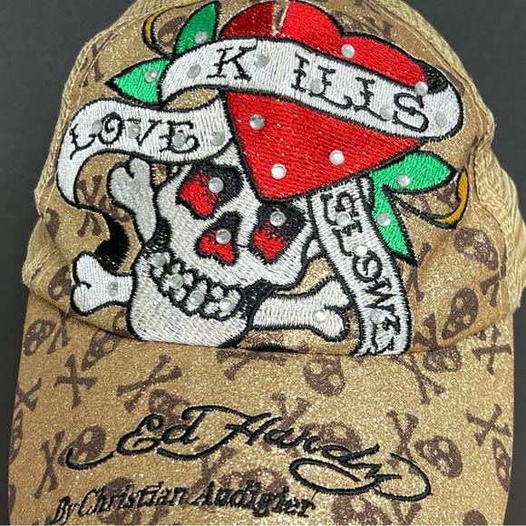 Ed Hardy Snapback Denim Hat Love Kills Slowly Skull & Heart Metallic Gold RARE - Picture 2 of 7